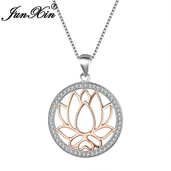 

pendant necklaces junxin luxury white gold filled lotus for women round zircon clavicle necklace wedding choker cz, Silver