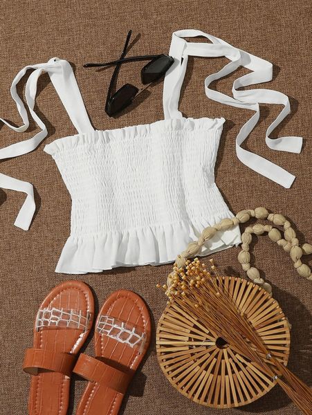 

knot straps shirred peplum cami u65t#, White