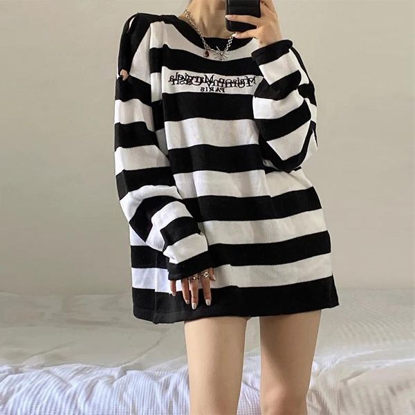 

women's sweaters design striped knitted sweater autumn and winter korean style ripped letter print embroidered black white coat rac, White;black