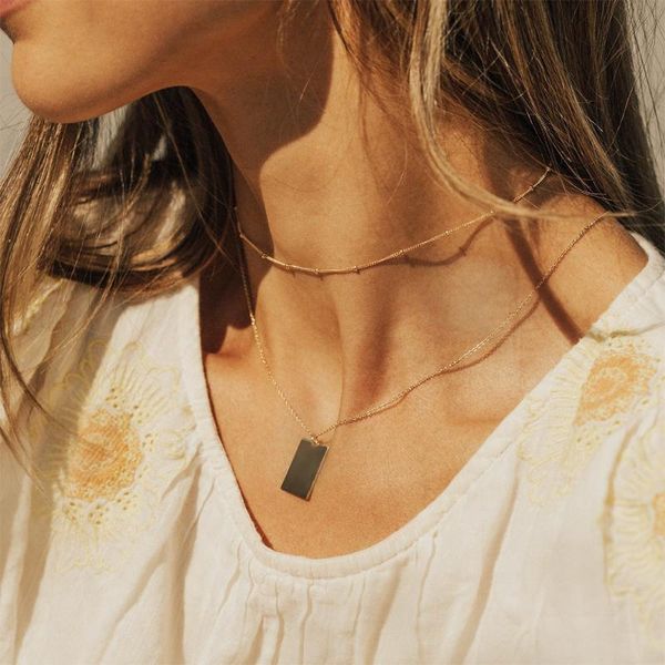 

visunion 2 layers stainless steel necklace classic square geometric chain set anti-allergy choker women gift chains, Silver