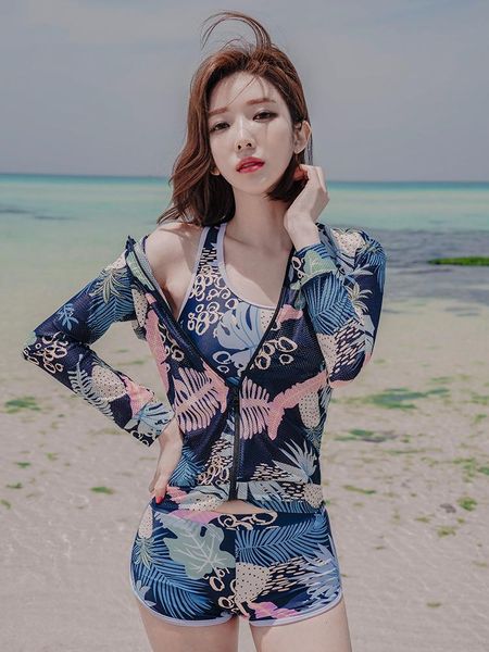 

long sleeve women separate swimwear woman rashguard sports blue surfing swimsuit zipper swimsuits female rash guard kit trunks one-piece sui