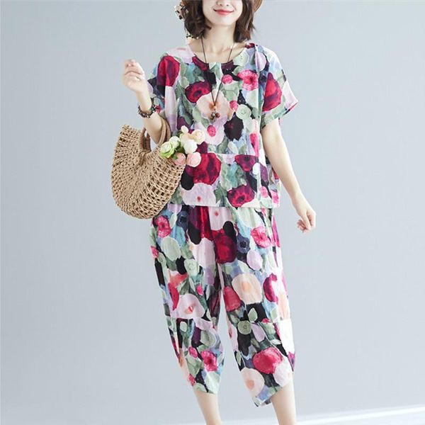 

two piece dress uego calf-length pants loose pieces women casual sets soft cotton linen print floral vintage women's set suits, White