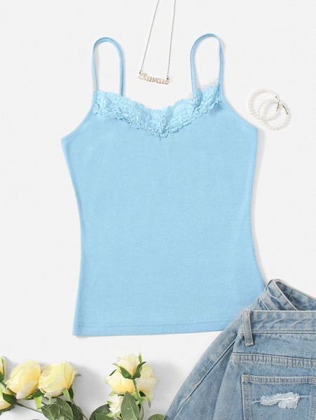 

lace trim rib knit cami x7tn#, White