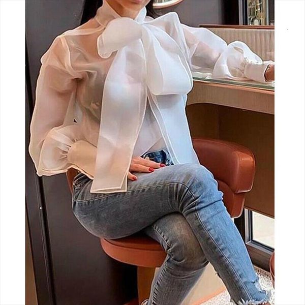 

elegant see through sheer mesh women shirt transparent solid puff long sleeve shirts summer spring, White