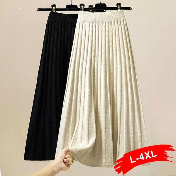 

skirts knitting plus size jacquard white pleated 5xl autumn women thick warm sweater high waist big swing midi skirt, Black