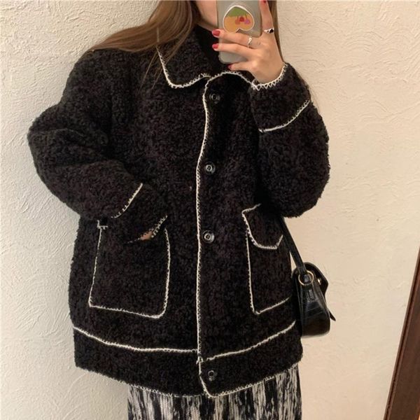 

korean version japanese jacket autumn winter thicken keep warm fashion loose retro lambswool lapel long sleeve women's jackets, Black;brown