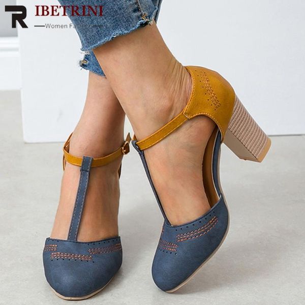 

dress shoes ribetrini retro women mixed color round toe t strap high heels buckle sandals 2021 sewing brand, Black