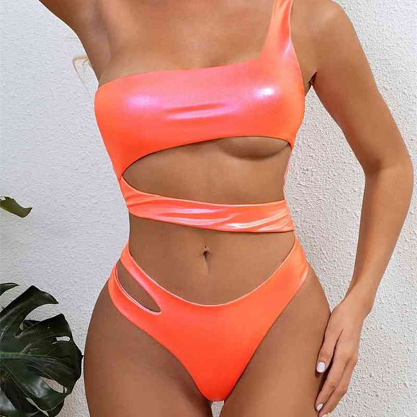 

women's swimwear neon swimsuit pu one shoulder hollow out women high cut bathing shiny solid monokini sesl, White;black