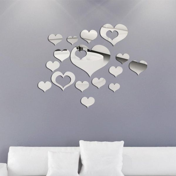 

wall stickers 3d silver mirror hearts decoration diy plastic fashion 16pcs