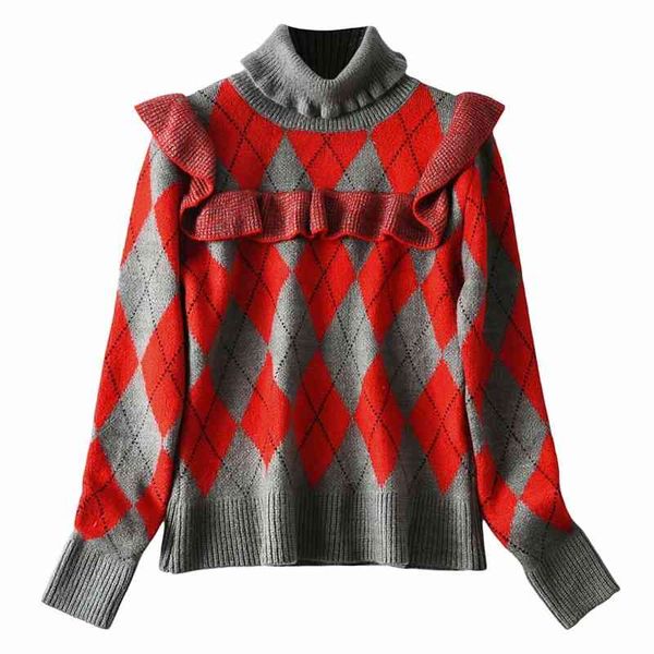 Vintage Frauen Plaid Pullover Mode Damen Rüschen Rollkragen Pullover Streetwear Weibliche Gestrickte Tops Chic Mädchen Pullover 210427