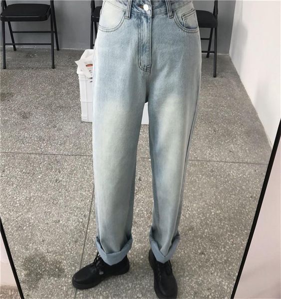 

women's jeans 2021 early spring street dress loose retro good-looking light blue high-waisted wide-leg female daddy pants