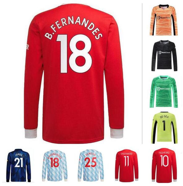 

long sleeve 21 22 sancho r. varane shaw soccer jerseys greenwood van de beek 2021 2022 pogba lingard rashford cavani b. fernandes wan-bissak, Black;yellow