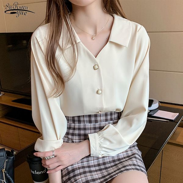 

spring autumn long sleeve v-neck chiffon blouse women white and blouses super fairy office lady shirt chemisier femme 10685 210521