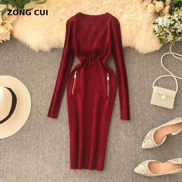 

autumn and winter red round neck long sleeve tight knit dress, 2021 korean elastic zipper buttock covering commuter dress casual dresses, Black;gray