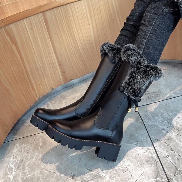 

boots ymechic 2021 winter women casual warm fur mid-calf botas shoes round toe square snow muje plus size 431, Black