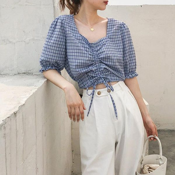 

women's blouses & shirts korean japan style plaid cropped tee shirt woman streetwear fashion 2021 summer half sleeve casual loose blou, White