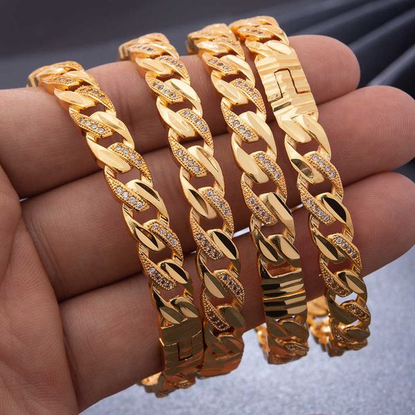 

4pcs/lot pure gold color bangle for women 24k plating micro-inlaid zircon bracelet fashion gold bracelet women / girls bangles q0720, Black