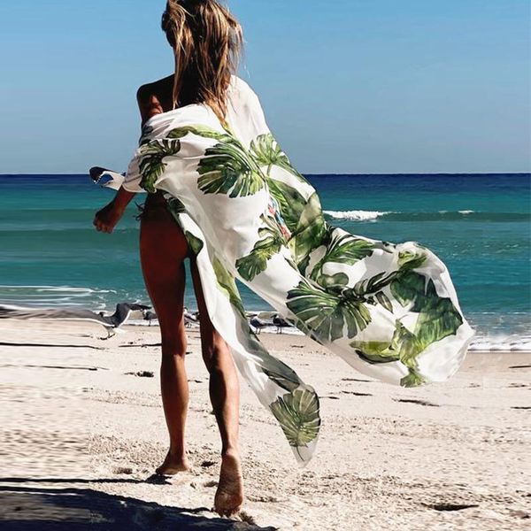 

green boho leaves printed chiffon tunic plus size beach wear kimono summer clothing for women and blouses shirts a791 210416, White;black
