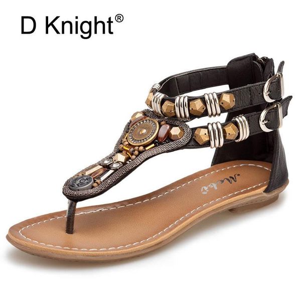 

selling women casual flip flops vintage ethnic string beaded gladiator sandals for ladies flat beach, Black