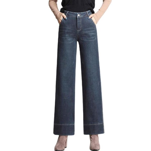 

women's jeans autumn winter women plus velvet stretch cotton high waist straight 2021 thick pants mom external wear simple retro, Blue