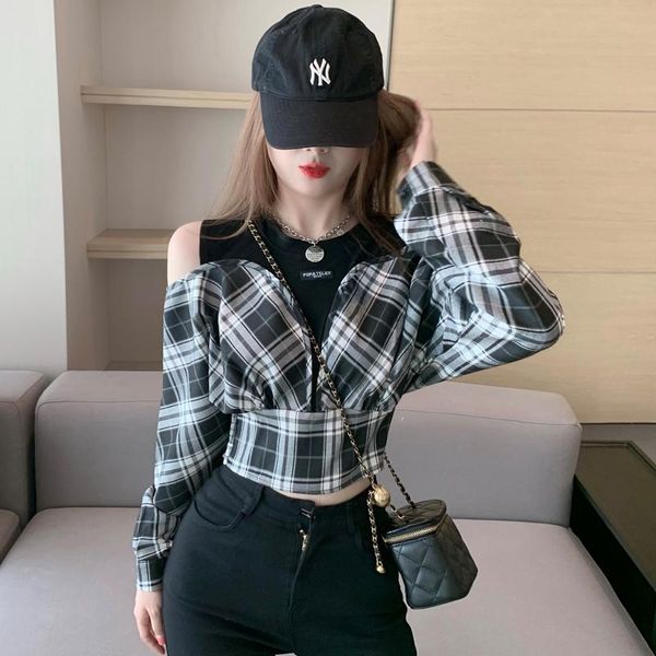 

women's blouses & shirts coigarsam blouse women autumn 2021 patchwork plaid long sleeve black blusas womens and, White