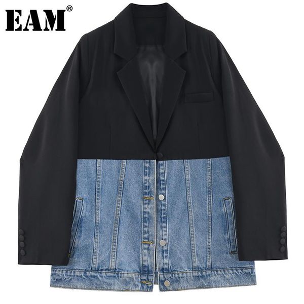 

women's suits & blazers [eam] women black denim oversized blazer lapel long sleeve loose fit jacket fashion tide spring autumn 2021 1de, White;black