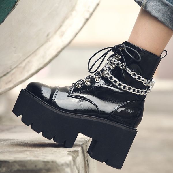 Punk Style Black Women Boots Patent Leather Gothic Ankle Boots Heel Sexy Chain Chunky Heel Platform Shoes Female Zipper Size 41