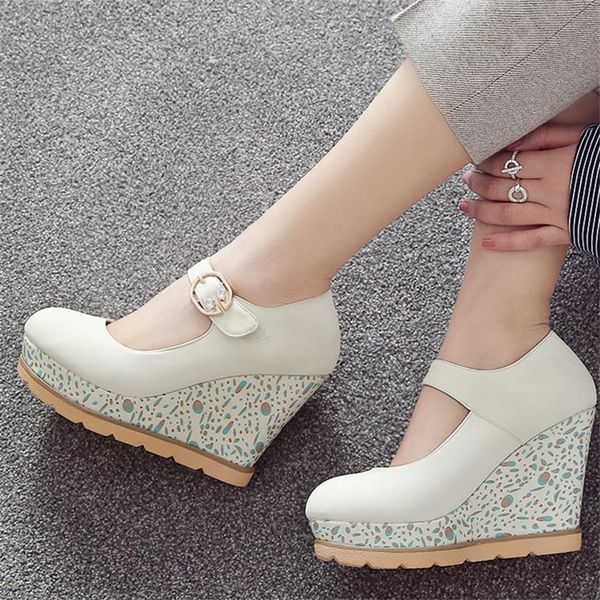 

dress shoes mary jane wedge for women high heels platform ladies spring round toe party wedding pink white blue 33, Black