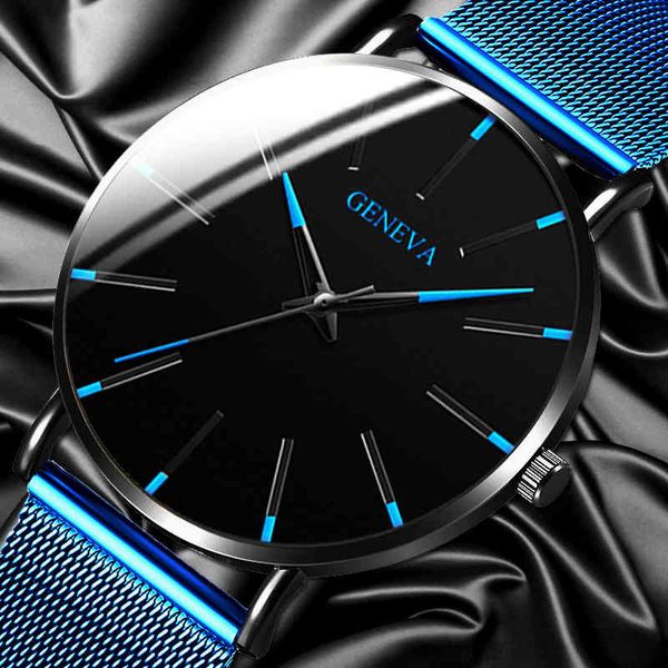 2021 Genebra Minimalista Relógio Homens Ultra Fino Azul Aço Inoxidável Malha Cinto ES Homem Negócio Casual Quartz Pulso