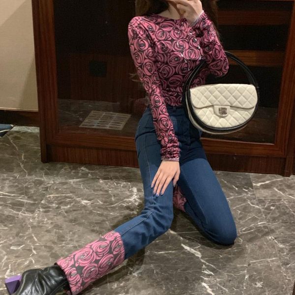 

rose print personality stitching straight-leg jeans women's, Blue