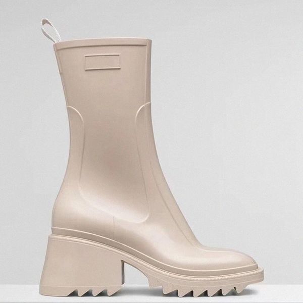 

luxury designer womens half boots shoes winter chunky med heels plain square toes shoe rainboots zip women mid calf booty wear resistant thi, Black