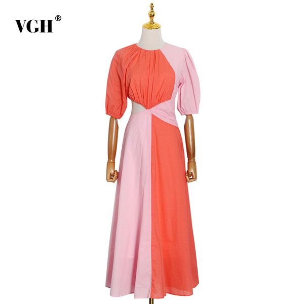 

vgh colorful dress for women o neck puff half sleeve high waist hit color hollow out a line ruched dresses female fall tide 210421, Black;gray