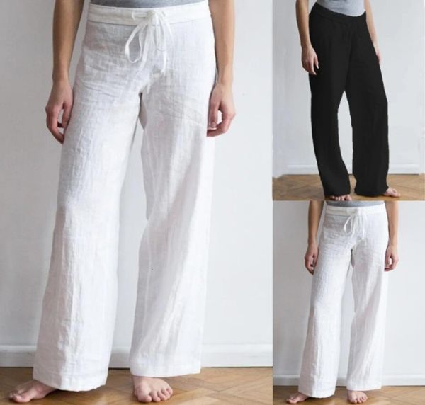 

2021 new women's simple and fashionable solid color leisure cotton linen straight pants, Black;white