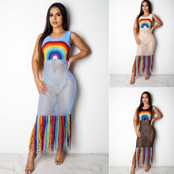 Sexy Fransen-Bikini-Vertuschungen, handgefertigt, häkeln, Regenbogen, rückenfrei, Sommerkleid, Tunika, Damen-Badeanzug, Vertuschung A377 210420