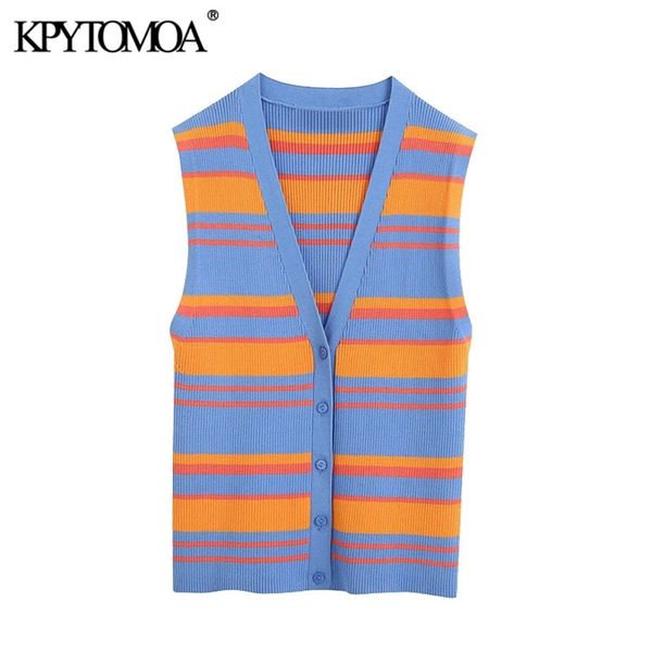 

women fashion single breasted striped knitted vest sweater v neck sleeveless female waistcoat chic 210420, Black;white