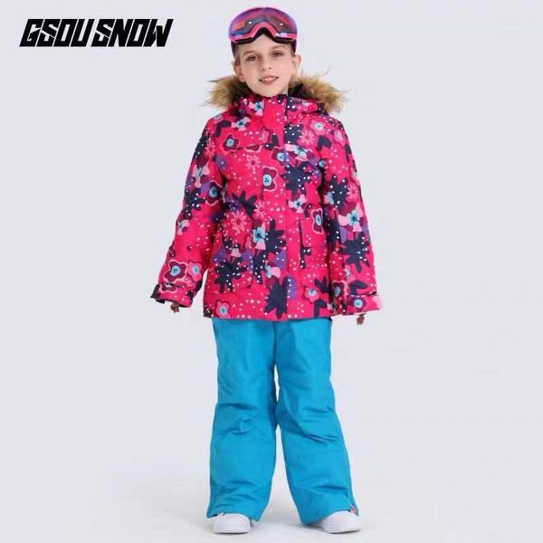 Giacche da sci con cappuccio in pelliccia Tuta da sci per bambini Giacca da snowboard Pantalone Abbigliamento Pantaloni Antivento Impermeabile Abbigliamento sportivo da esterno Set invernale per bambini