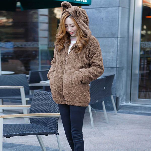 Inverno Oversize Mulheres Hoodies Zipper Menina Outono Solto Urso Fluxo Orelha Kawaii Hoodie Com Capuz Casaco Quente Outerwear Casaco Sueter Y0820