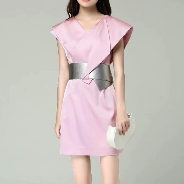 

casual dresses fashion 2021 runway dress women's v-neck sleeveless sashes ruffles mini, Black;gray