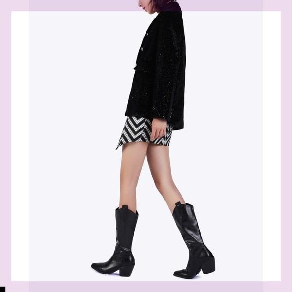 

boots british high denim boots, women's pointed thick heel large, Black