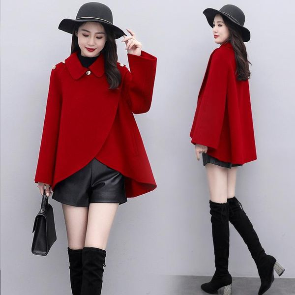

women's wool & blends small korean 2021 spring cape shawl tweed coat big red woolen, Black