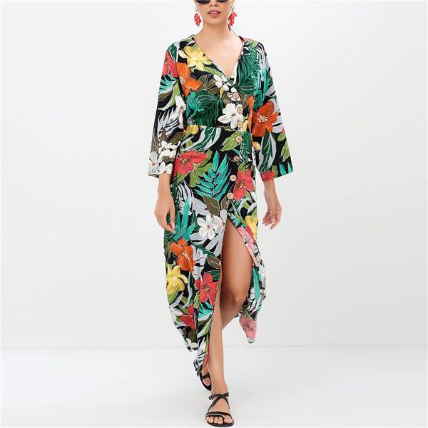 

summer long dress women casual floral print button lace up split dress deep v-neck beach party sundress vestidos femme 210412, Black;gray