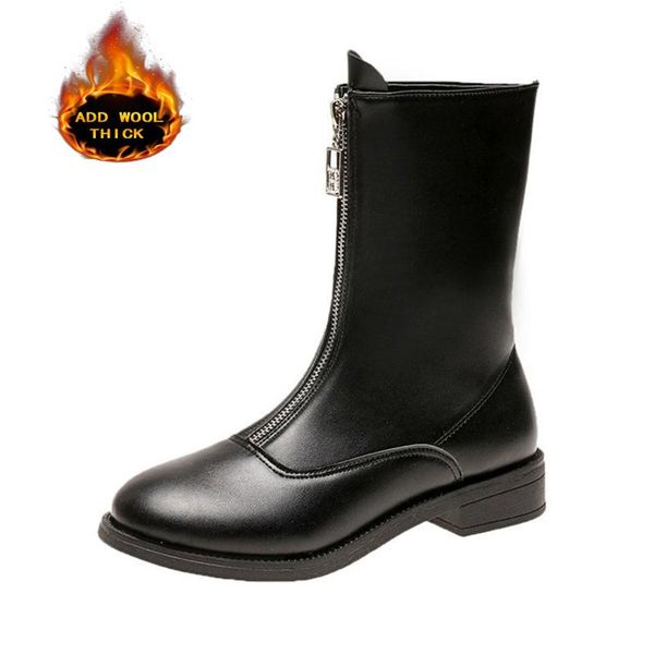 

boots winter women middle tube round head cotton lining flat heel front zipper undefined motorcycle booties woman 2021, Black