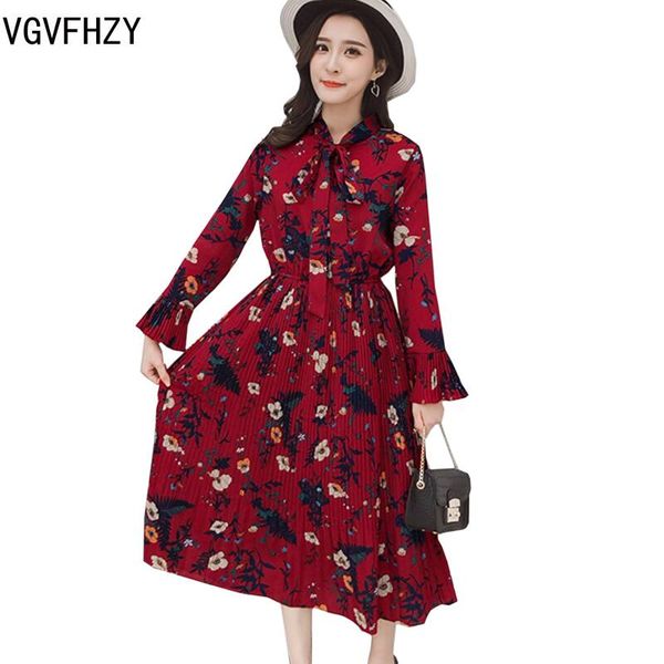 

casual dresses 2021 fashion autumn women dress temperament chiffon v-nevk full sleeve slim high waist print bowknot long, Black;gray
