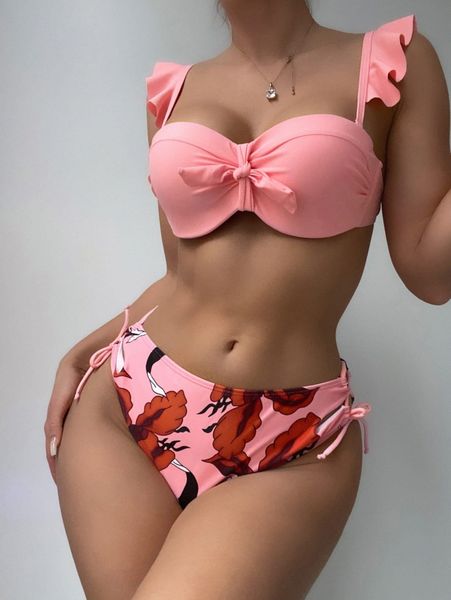 

plant print push up tie side bikini swimsuit y3qw#, White;black