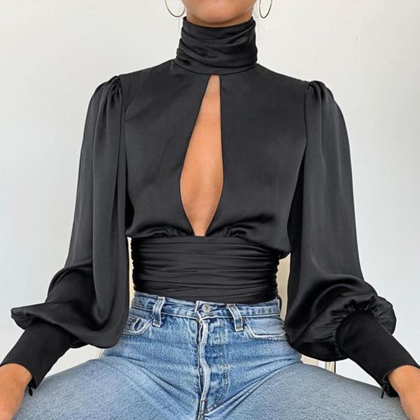 

women's blouses & shirts summer turtleneck satin silk women blouse hollow out backless shirt elegant spirng long sleeve pleated bl, White