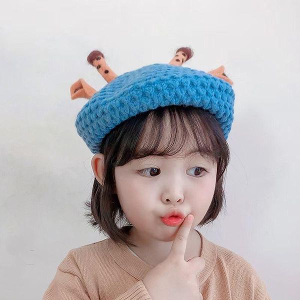 

berets 202108-lele lovely antlers thin cute knitted fabric kids beret cap children leisure painter hat, Blue;gray