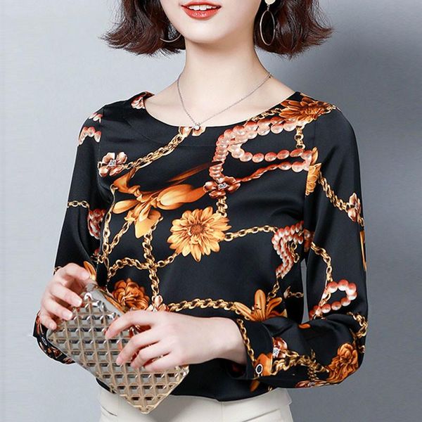 

fashion 2021 spring print blouse women shirt long sleeves casual o neck and blouses plus size women's & shirts, White