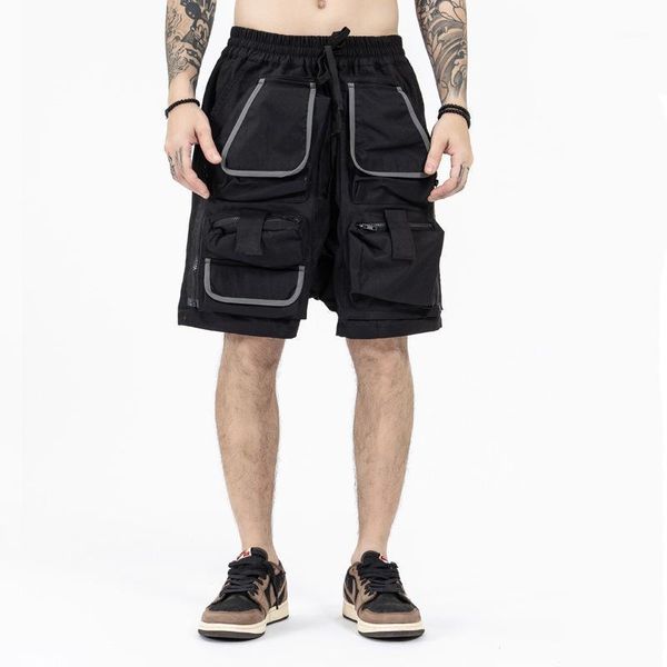 

men's shorts p373 unique removable multi-pocket cargo summer high street tooling men drawstring male camping fishing pants black khaki, White;black