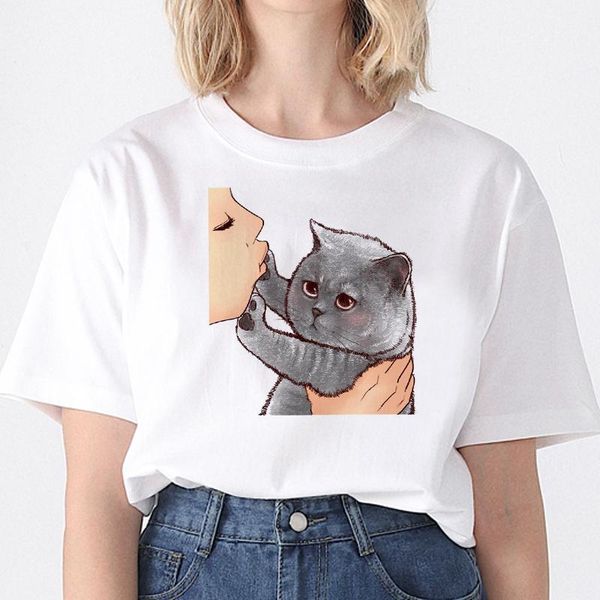 

women's t-shirt harajuku kiss cats t shirt women aesthetic ullzang vintage 90s tshirt fashion tees female tumblr clothing, White