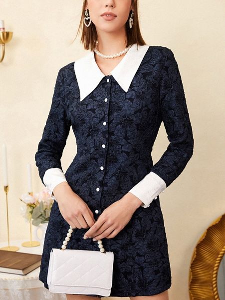 

contrast collar and cuff floral jacquard dress 82ye#, Black;gray